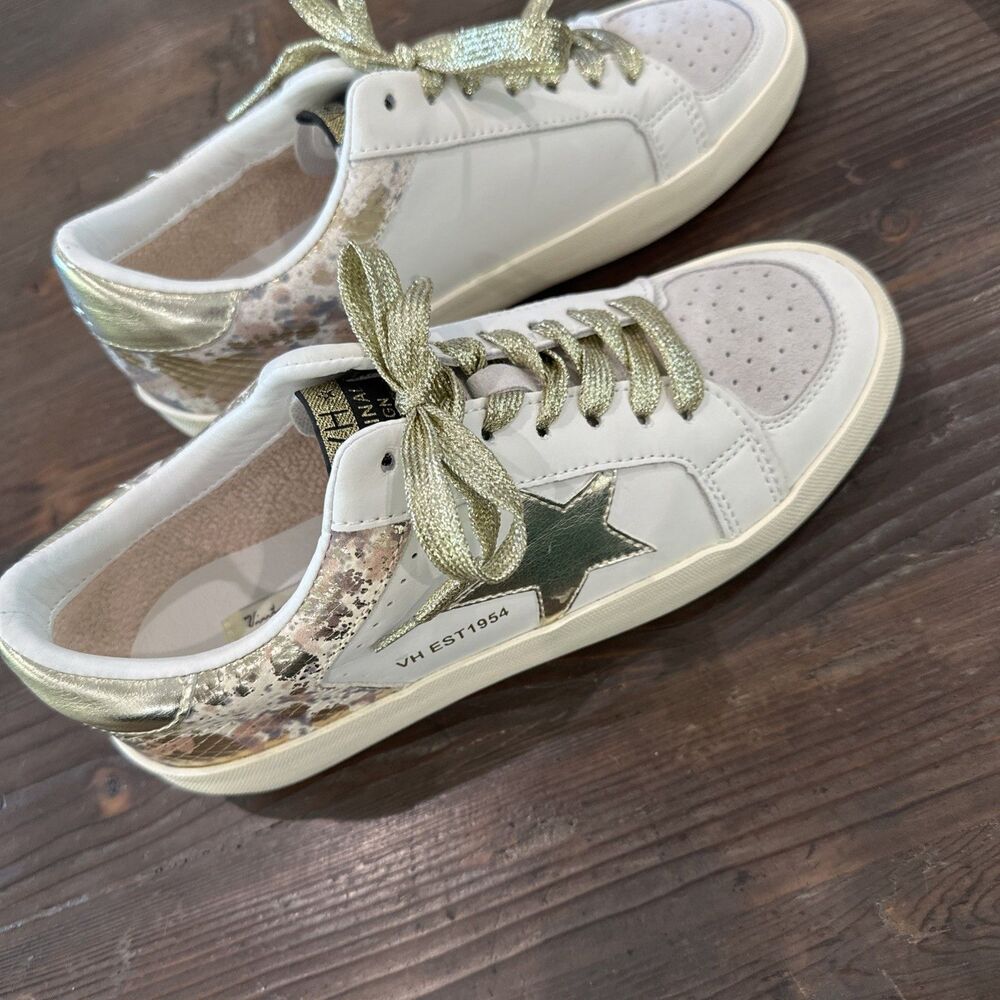 Vintage Havana Metallic Star Sneakers Women's 7 White Gold Snake Preowned - Picture 4 of 10